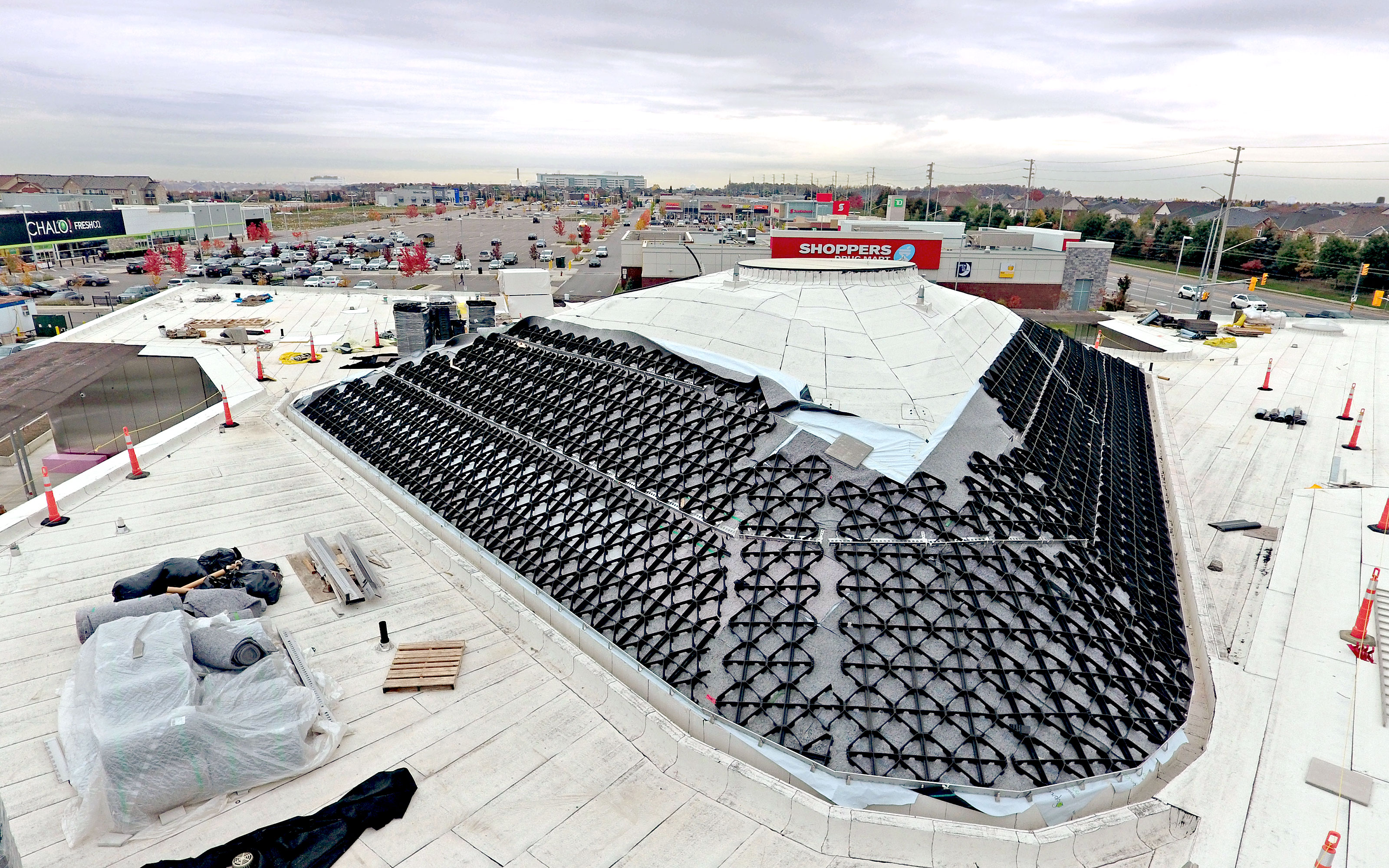 Georaster® elements allow for a stable steep pitched green roof.  Installation of a green roof with Georaster® elements